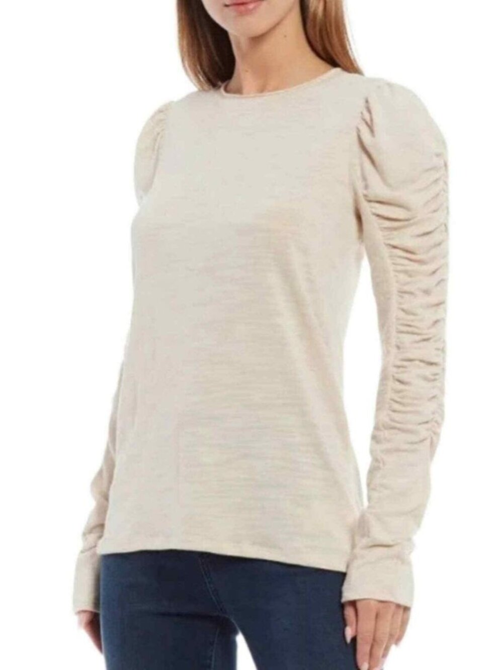 We The Free Ruched Sleeve Top Medium Beige Long Sleeve Casual Boho Stretch Tee
